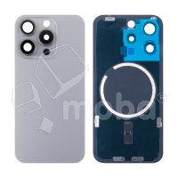 Задняя крышка для iPhone 15 Pro (A3102) в сборе со стеклом камеры Серый (стекло, монолит, MagSafe, логотип) - Премиум
