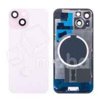 Задняя крышка для iPhone 15 (A3090) в сборе со стеклом камеры Розовый (стекло, монолит, MagSafe, логотип) - Премиум