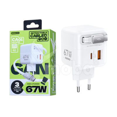 Сетевое зарядное устройство USB/Type-C Remax CA01 (67W, QC3.0, PD, 2 порта, GaN, выдвижной кабель Type-C) Белый