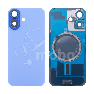 Задняя крышка для iPhone 16 (A3287) в сборе со стеклом камеры Голубой (стекло, монолит, MagSafe, логотип) - Премиум