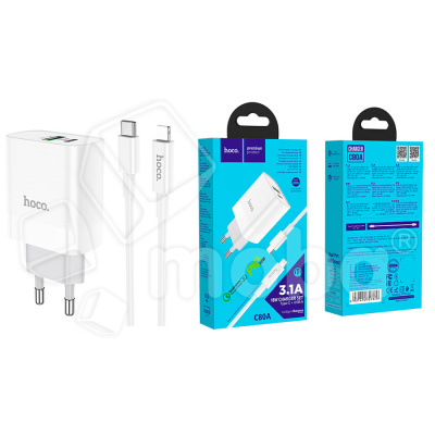 Сетевое зарядное устройство USB/Type-C Hoco C80A (20W, QC3.0, PD, 2 порта, кабель Type-C-Lightning) Белый