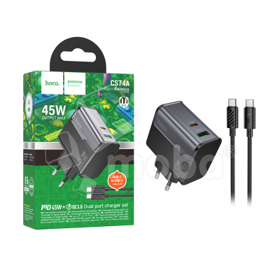 Сетевое зарядное устройство USB/Type-C Hoco CS74A (45W, QC3.0, PD, 2 порта, кабель Type-C-Type-C) Черный
