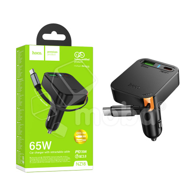 Автомобильное зарядное устройство USB/Type-C Hoco NZ18 (65W, QC3.0, PD, 1Type-C, 1USB, встроенный кабель Type-C) Черный
