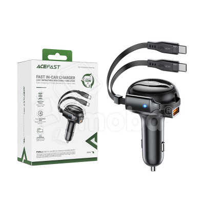 Автомобильное зарядное устройство USB/Type-C Acefast B13 (53W, QC3.0, PD, 1USB, 2 встроенных кабеля Type-C) Черный